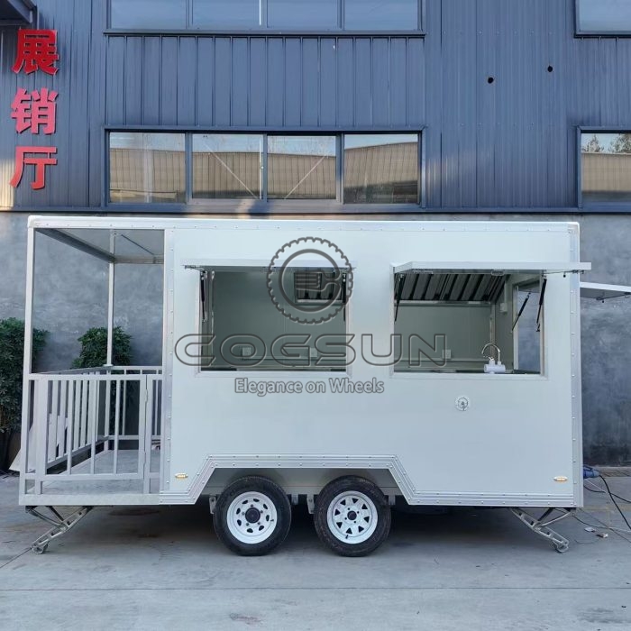 13FT White Square Food Trailer with Fence for Ice Cream