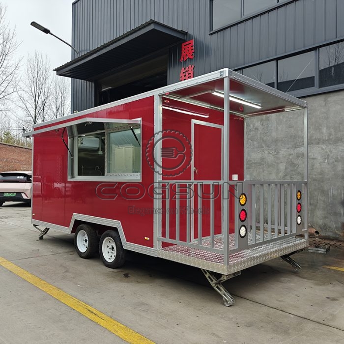 15FT Red Single Window Square Food Trailer with Fence