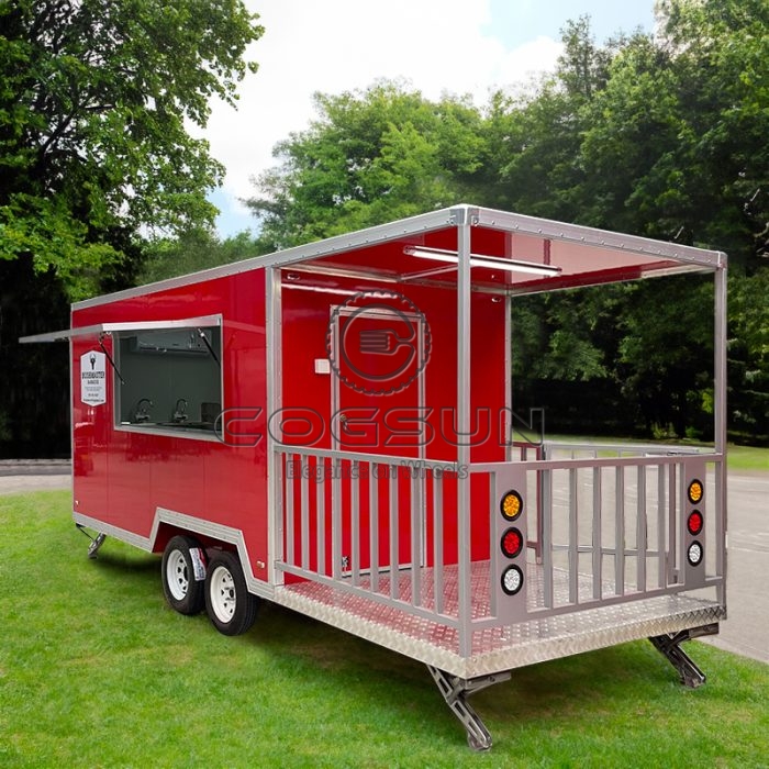 16.5FT Red Single Window Square Food Trailer with Fence