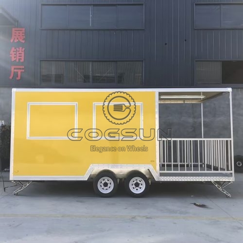 15ft yellow double window square food trailer with fence