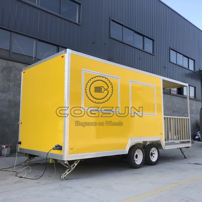 15ft yellow double window square food trailer with fence