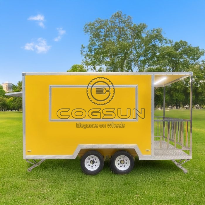 13FT Yellow Square Food Trailer with Fence, Versatile Mobile Kitchen Solution
